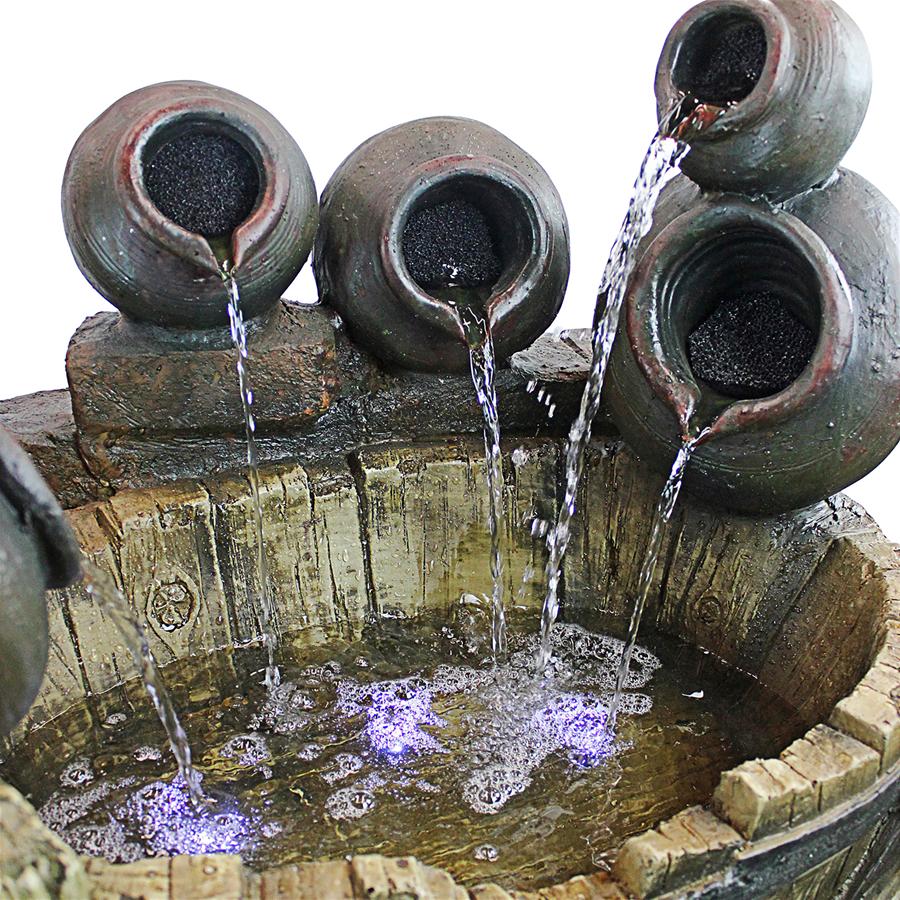 Urns and Barrel Cascading Waterfall Illuminated Garden Fountain