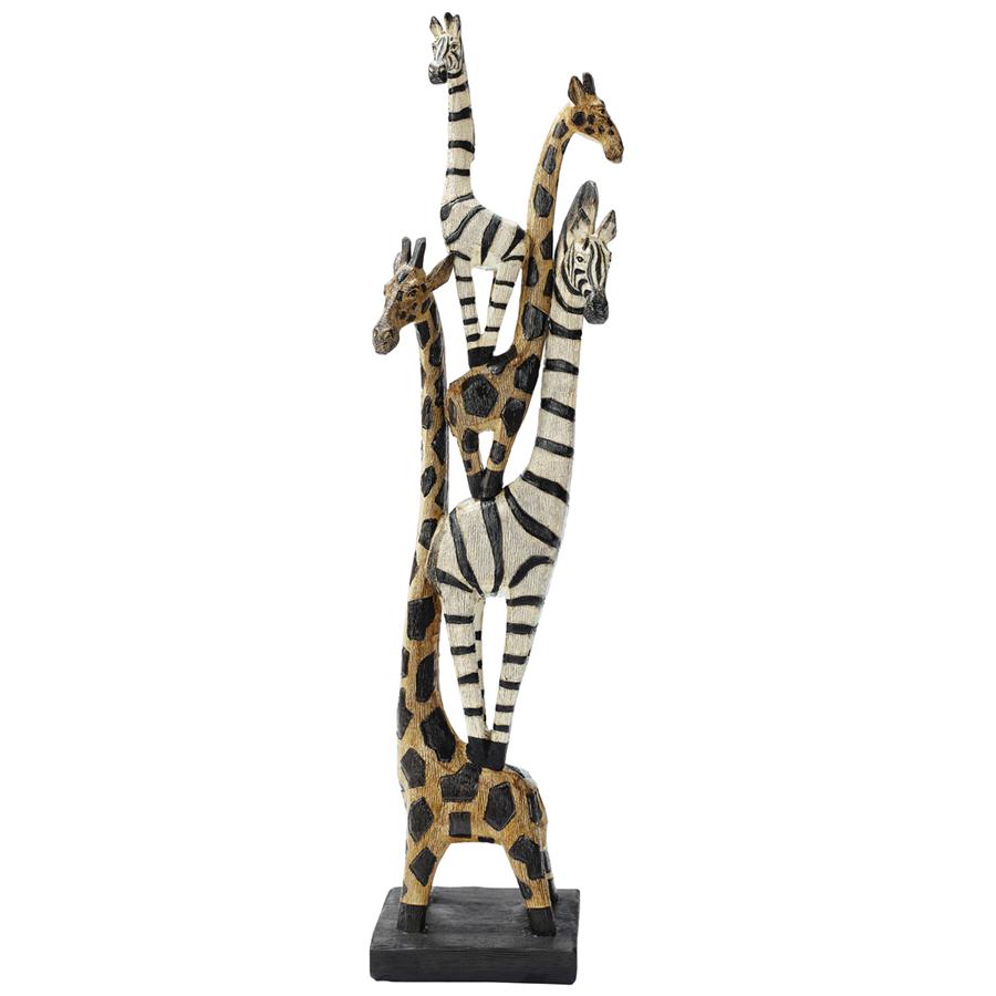 Zebra and Giraffe Menagerie African Totem Statue