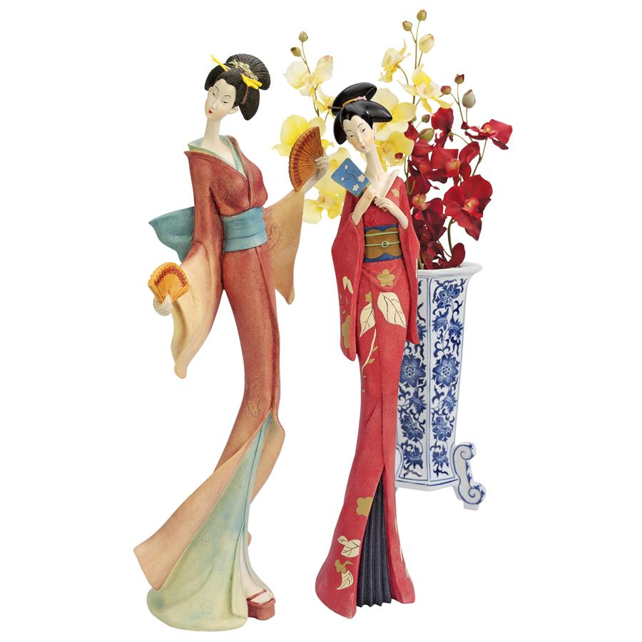 Japanese Maiko Geisha Fan Dancer Statues: Set of Two