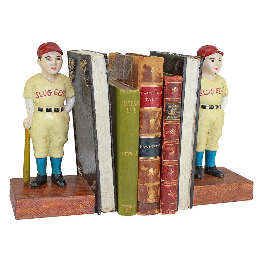 Batter Up! Vintage Baseball Slugger Cast Iron Sculptural Bookend Pair