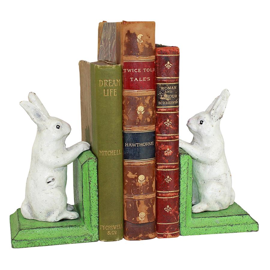 Bookworm Bunny Rabbits Cast Iron Sculptural Bookend Pair