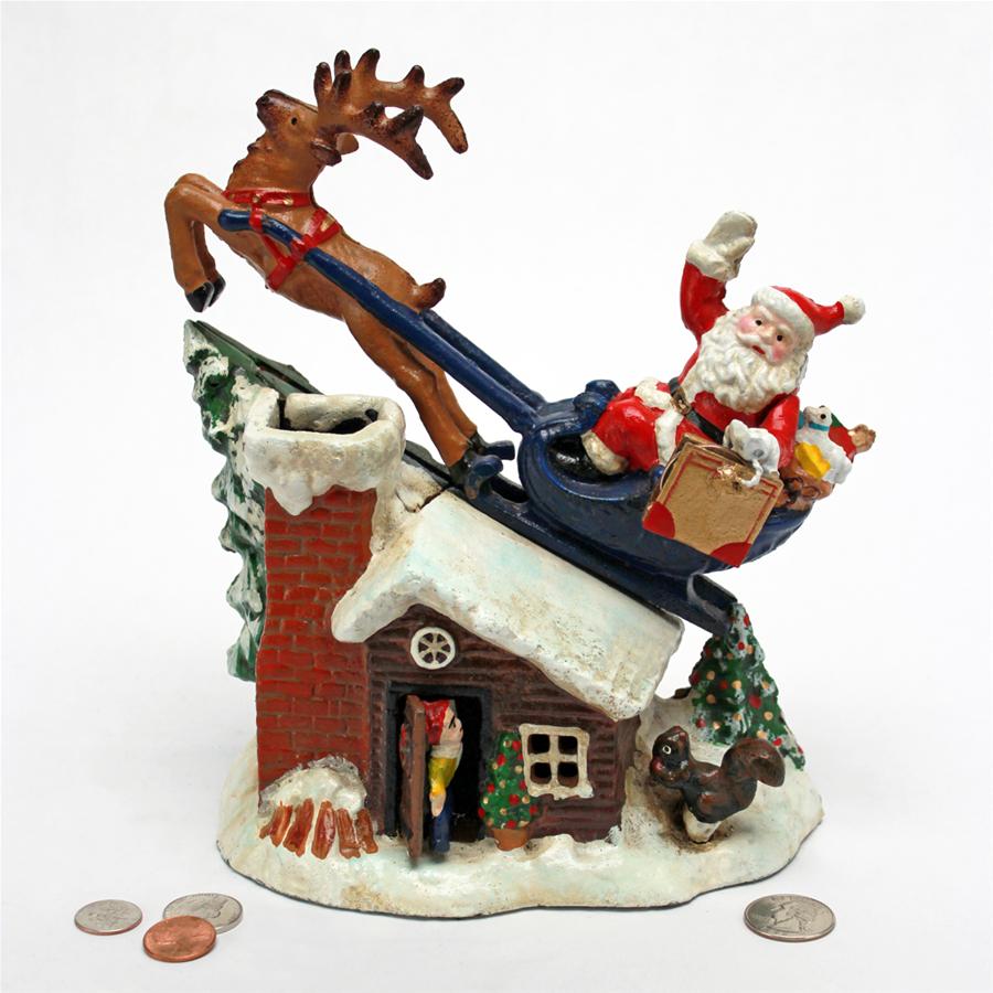 Santa's Christmas Sleigh Ride Die-Cast Iron Mechanical Coin Bank