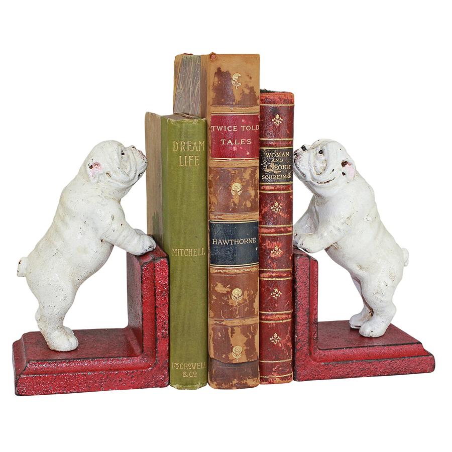 Over the Fence Bulldog Cast Iron Sculptural Bookend Pair