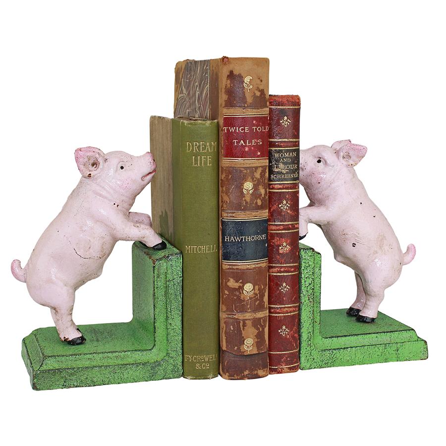 Piggy in a Pen Cast Iron Sculptural Bookend Pair