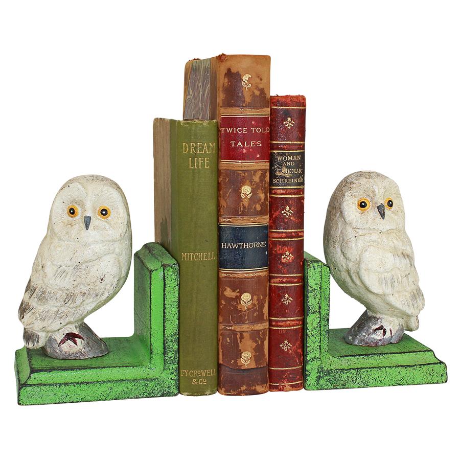 Wise Snowy Owl Cast Iron Sculptural Bookend Pair