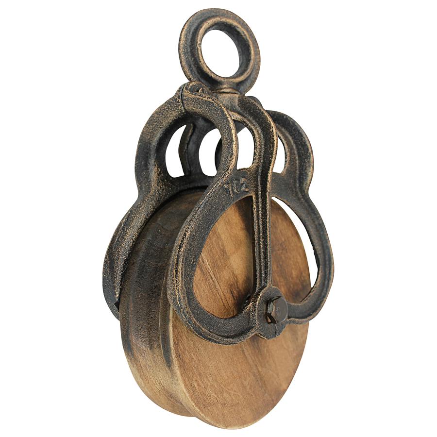 Vintage-Style Cast Iron and Wood Wheel Farm Pulley: Large