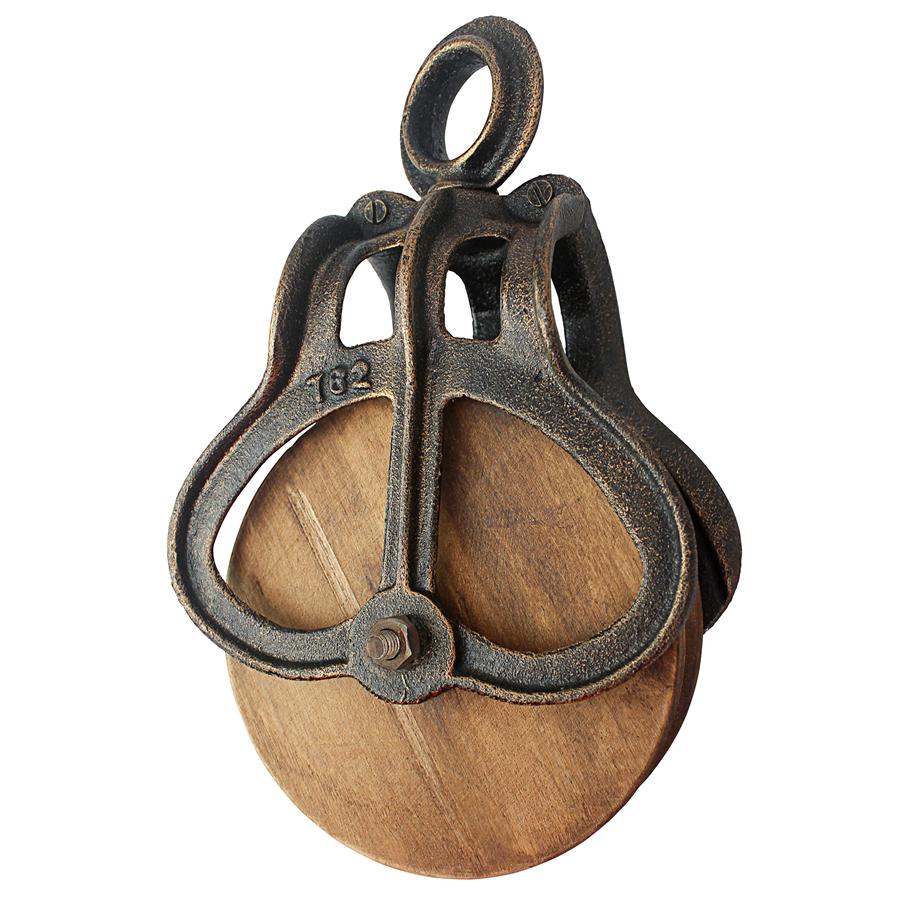 Vintage-Style Cast Iron and Wood Wheel Farm Pulley: Large