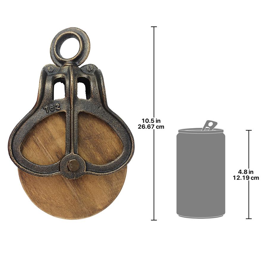 Vintage-Style Cast Iron and Wood Wheel Farm Pulley: Large