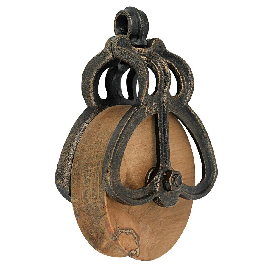 Vintage-Style Cast Iron and Wood Wheel Farm Pulley: Medium