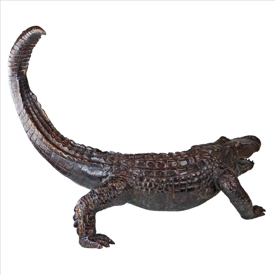 Gator on the Prowl: Spitting Bronze Alligator Garden Statue