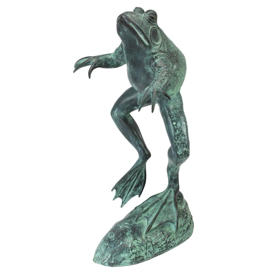Leaping, Spitting Frog Cast Bronze Garden Statue: Medium