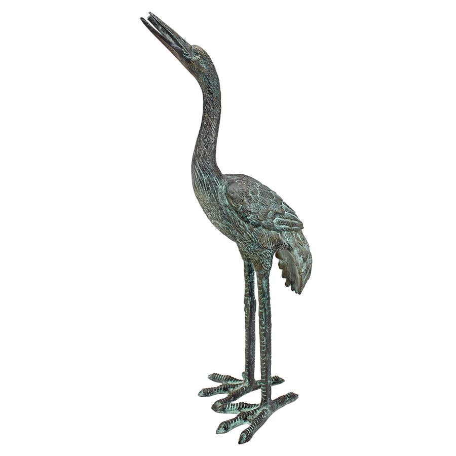Small Bronze Crane Piped Garden Statue: Straight Neck