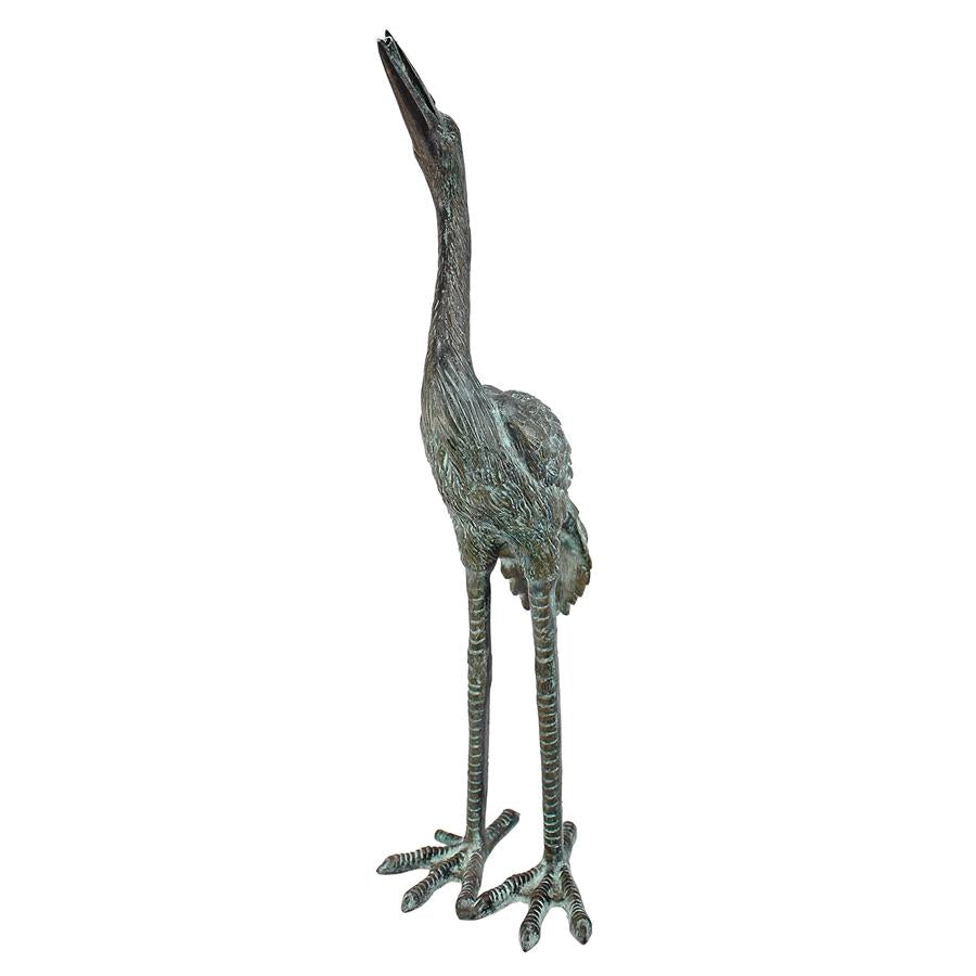 Small Bronze Crane Piped Garden Statue: Straight Neck