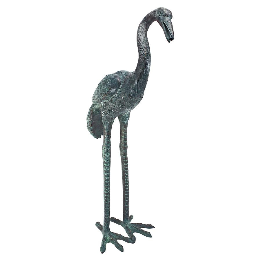Small Bronze Crane Piped Garden Statue: Curved Neck