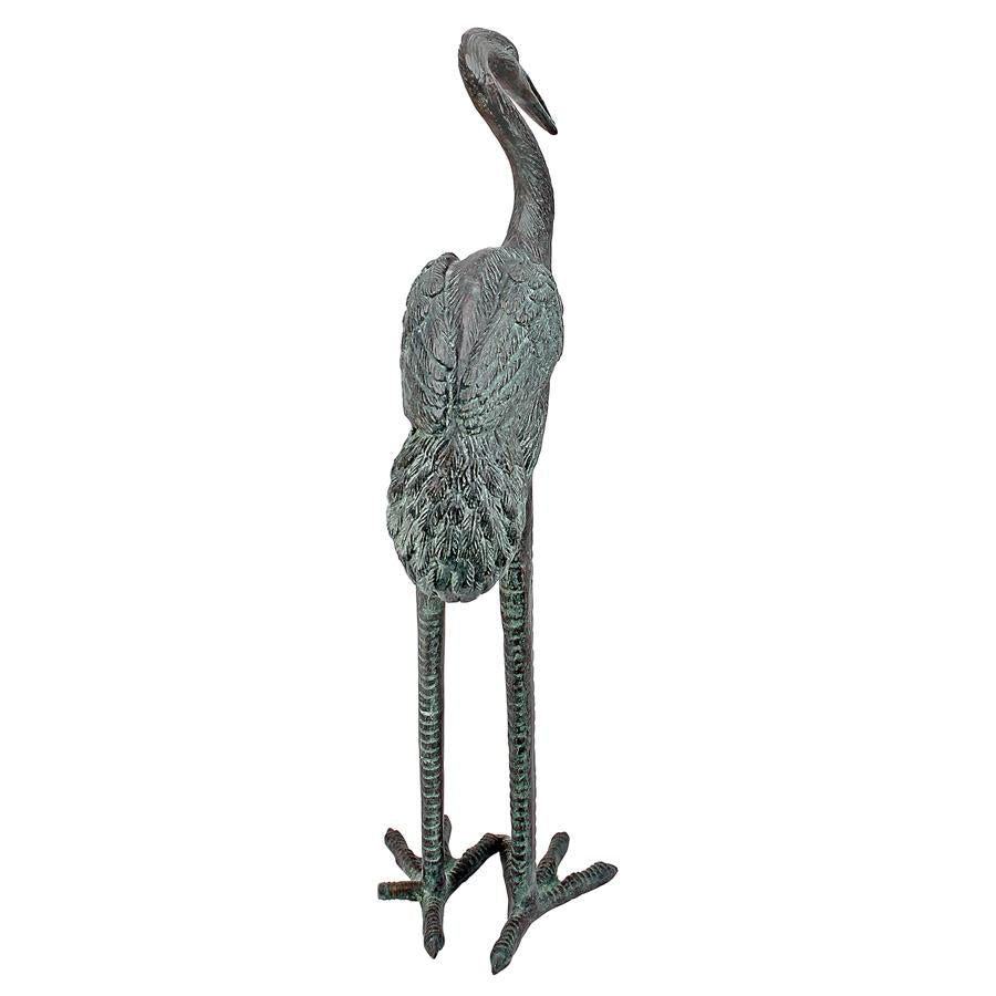 Small Bronze Crane Piped Garden Statue: Curved Neck