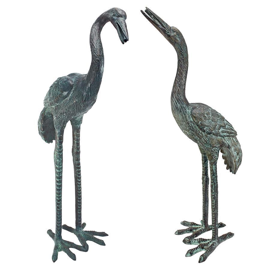 Small Bronze Crane Piped Garden Statues: Set of Two