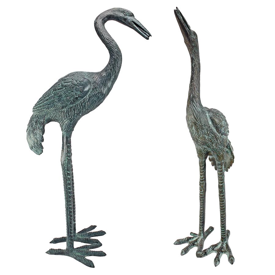 Small Bronze Crane Piped Garden Statues: Set of Two