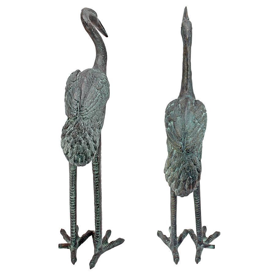 Small Bronze Crane Piped Garden Statues: Set of Two