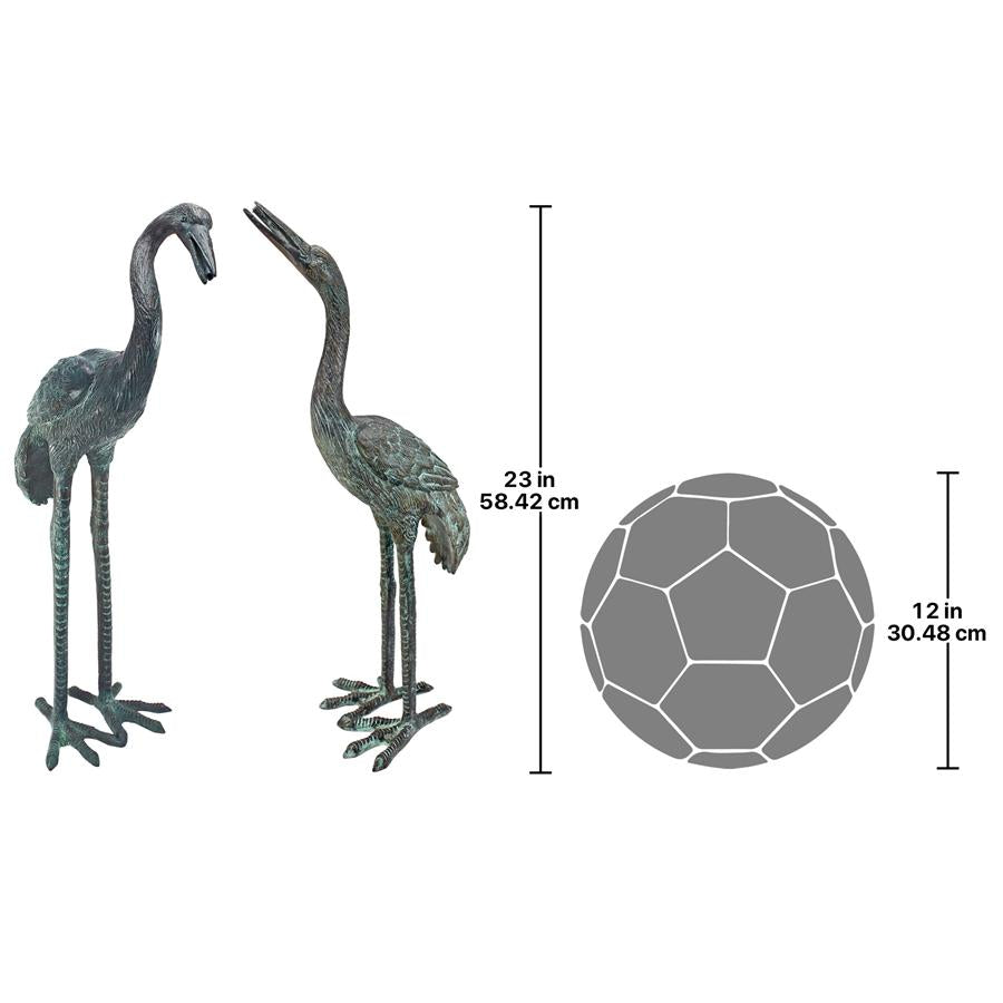 Small Bronze Crane Piped Garden Statues: Set of Two