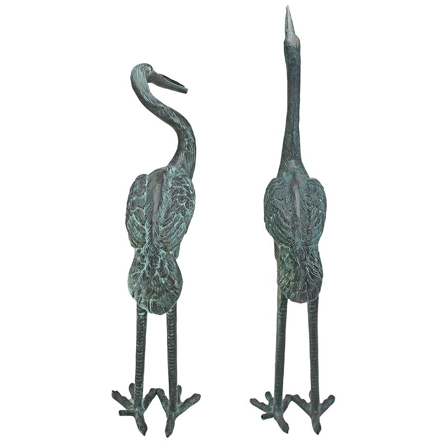 Medium Bronze Crane Piped Garden Statues: Set of Two