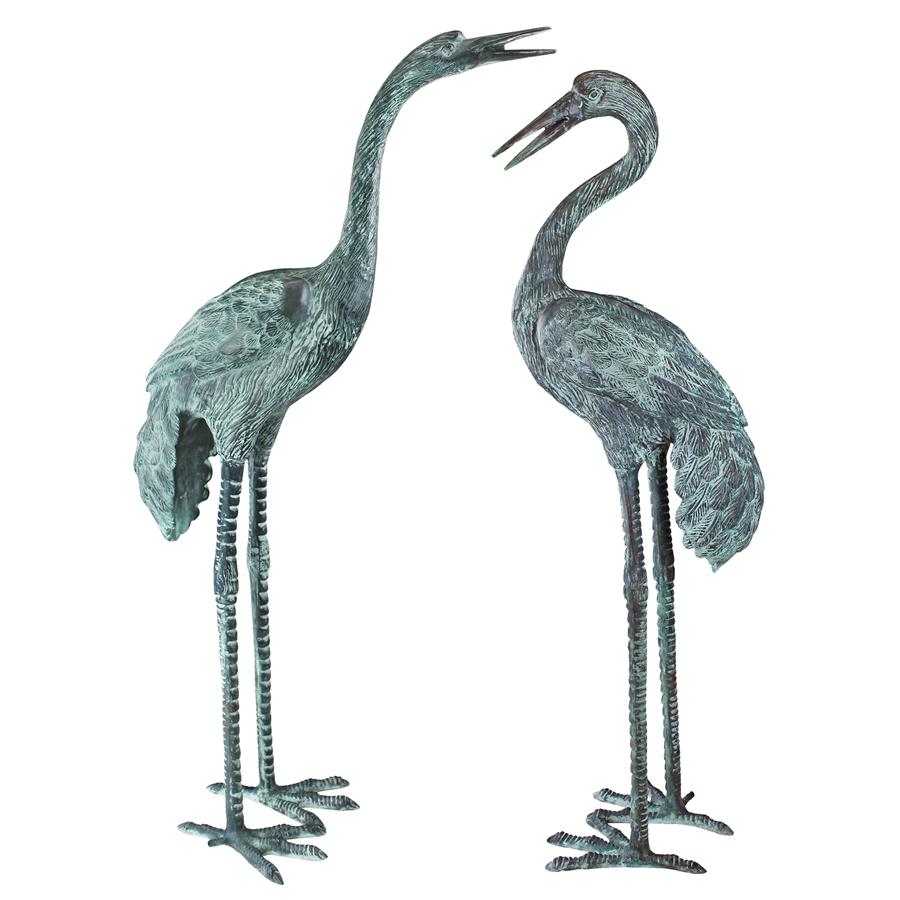 Large Bronze Crane Piped Garden Statues: Set of Two