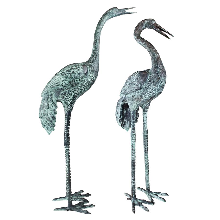 Large Bronze Crane Piped Garden Statues: Set of Two