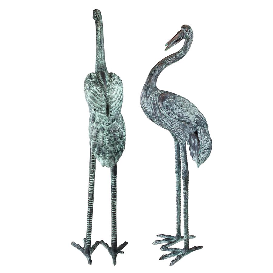 Large Bronze Crane Piped Garden Statues: Set of Two