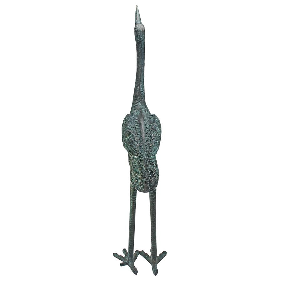 Medium Bronze Crane Piped Garden Statue: Straight Neck