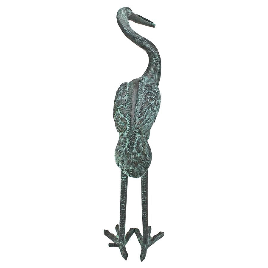 Medium Bronze Crane Piped Garden Statue: Curved Neck