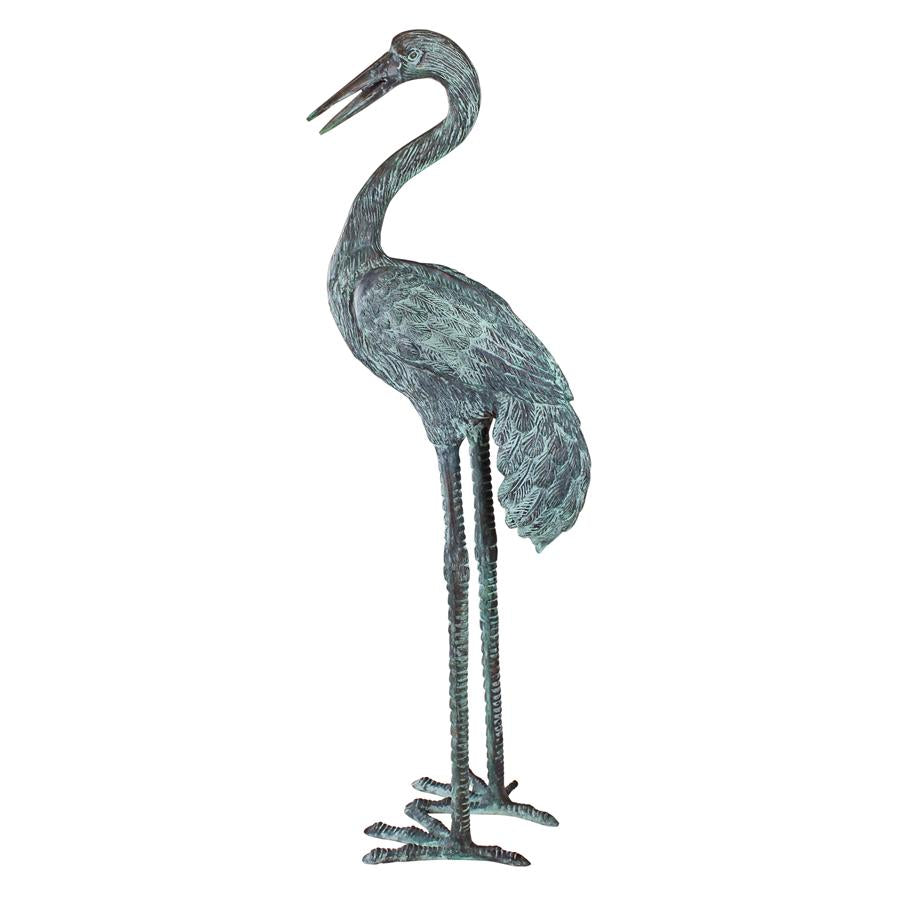 Large Bronze Crane Piped Garden Statue: Curved Neck