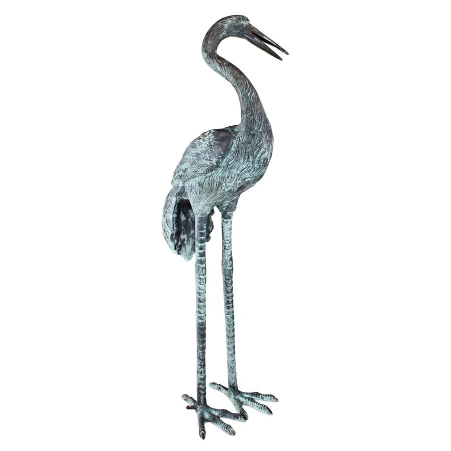 Large Bronze Crane Piped Garden Statue: Curved Neck