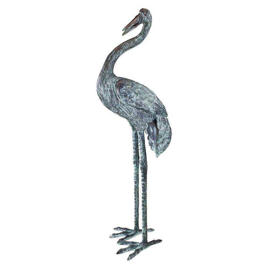 Large Bronze Crane Piped Garden Statue: Curved Neck