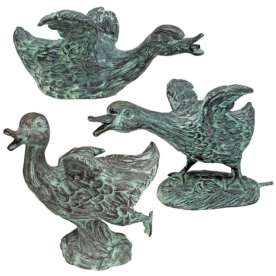 Lindell Pond Ducks Cast Bronze Spitting Garden Statues: Set of Three
