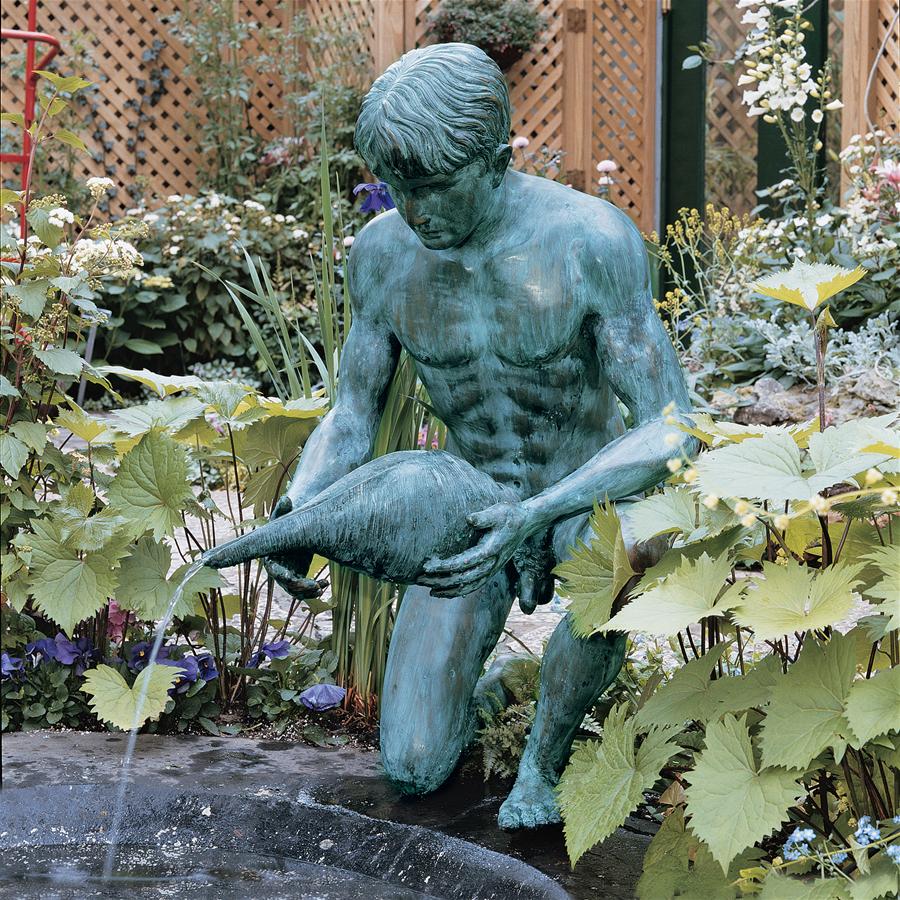 Man with Shell Cast Bronze Piped Garden Statue
