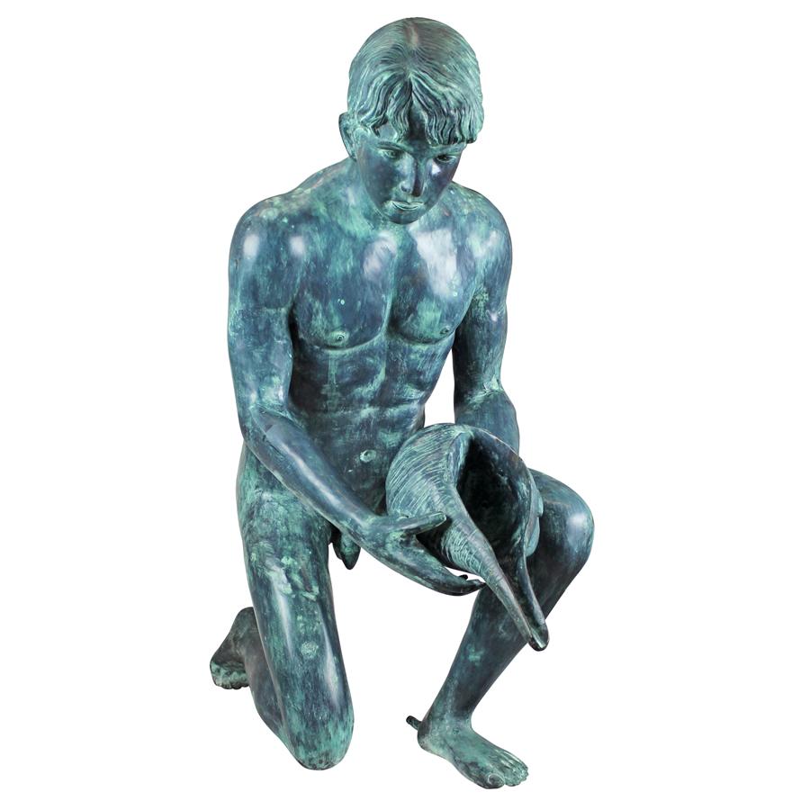 Man with Shell Cast Bronze Piped Garden Statue