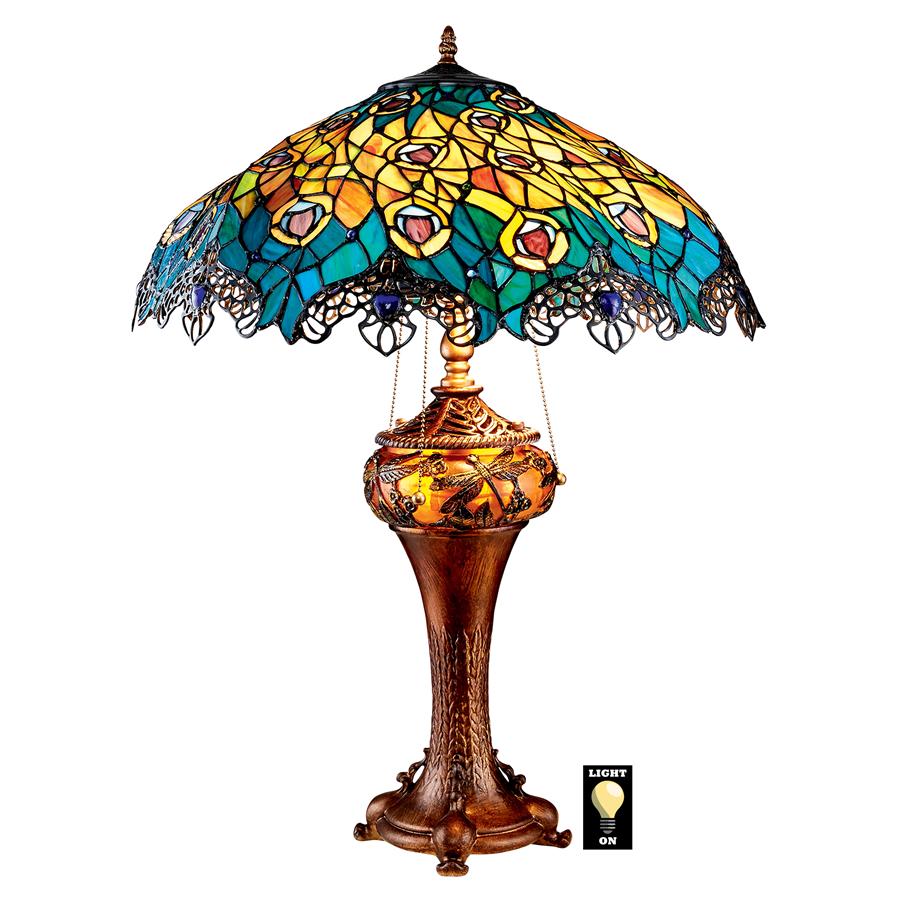 Art Nouveau Peacock Tiffany Style Stained Glass Table Lamp