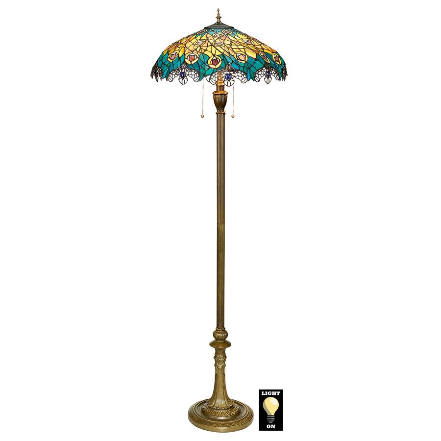 Art Nouveau Peacock Tiffany Style Stained Glass Floor Lamp