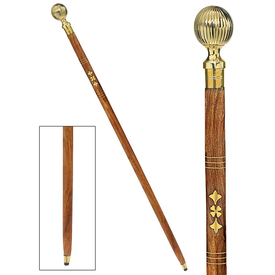 Empress Collection: Fluted Brass Sphere Solid Hardwood Walking Stick