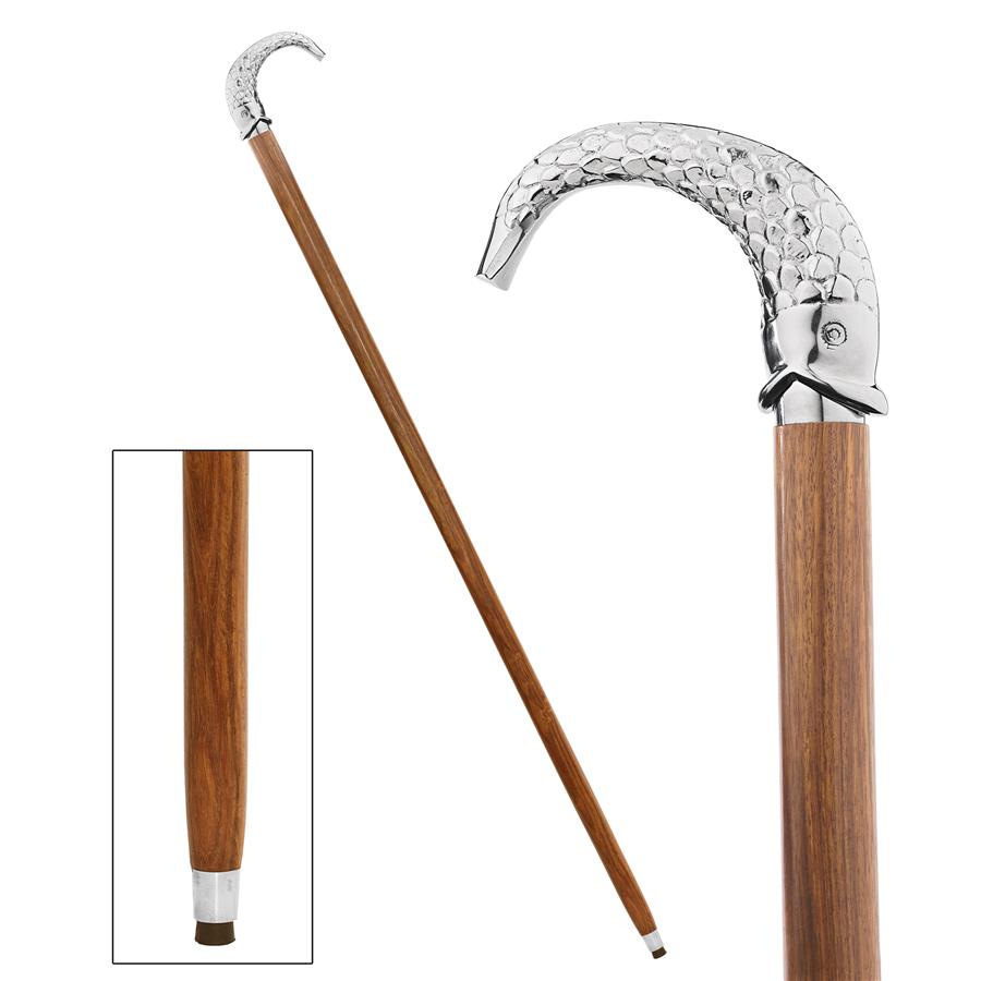 Empress Collection: Hook, Line, and Sinker Fish Chrome Solid Hardwood Walking Stick